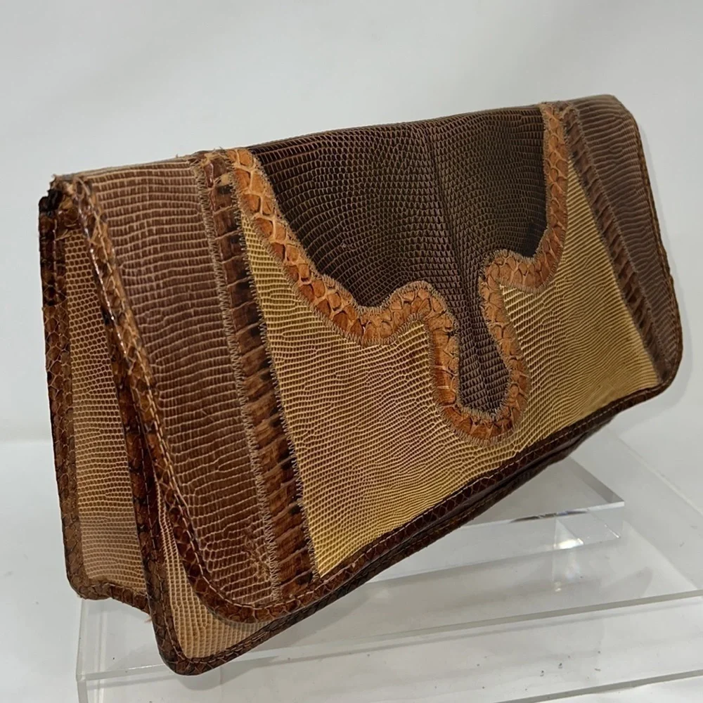 Carlos Falchi Mixed Exotic Snakeskin, Lizard, Ostrich Snap Envelope Clutch Bag